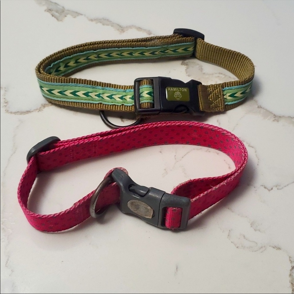 Two Medium to Large Dog Collars - Pink and Green